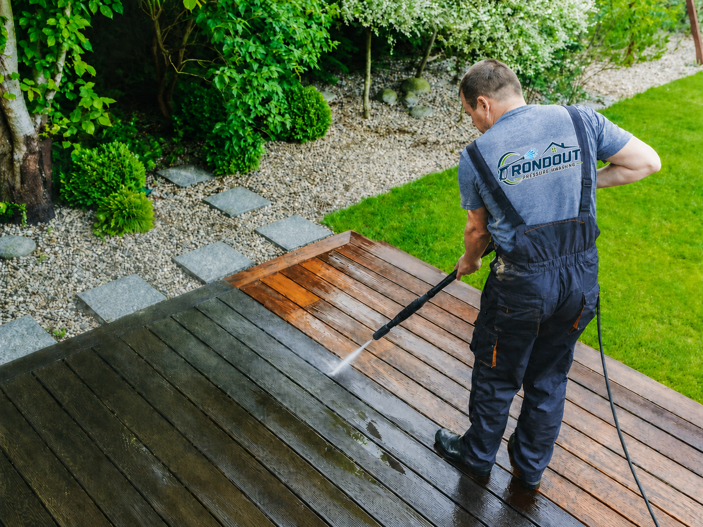 Pressure washing a backyard deck