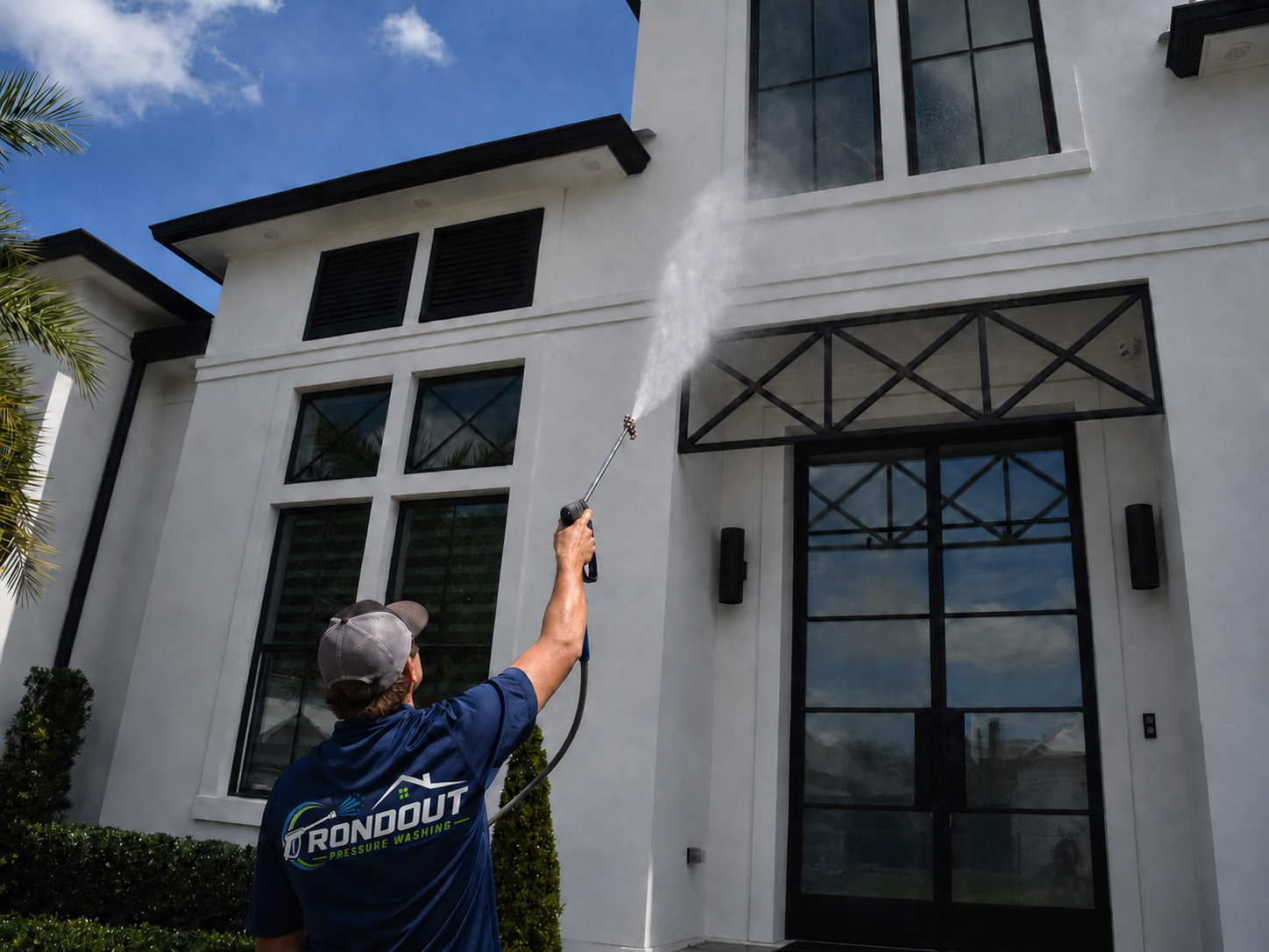 Pressure washing a modern home facade